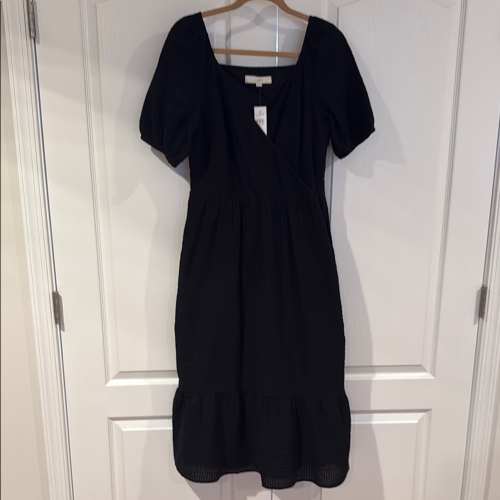 LOFT Black Square Neck Puff Sleeve Midi Dress